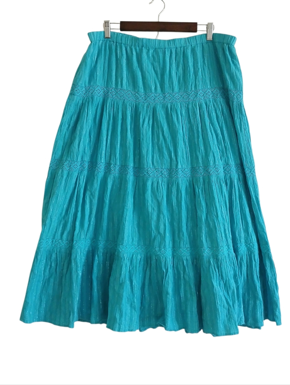Susan Graver Style Cotton Tiered Prairie Maxi Skirt Women's XL Turquoise Crochet